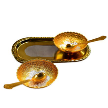 Gold and silver plated tray set with red velvet gift box, includes two bowls and spoons.