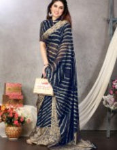 Printed, Striped Leheria Chiffon, Georgette Saree  (Dark Blue)