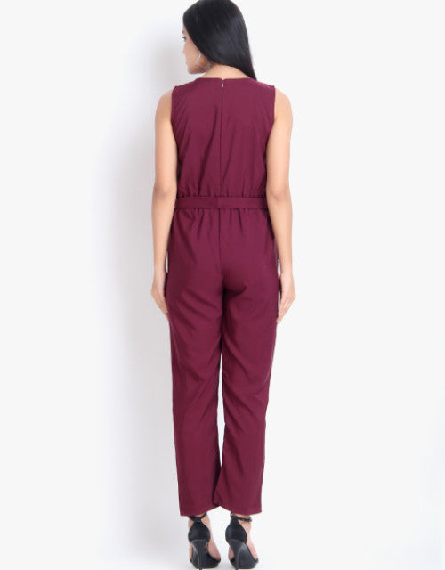 Women Casual Solid Maroon Sleeveless Full Length Crepe Jumpsuit